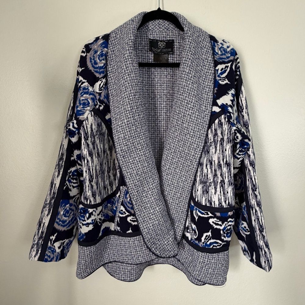 Sharif Couture Jacket Unique Back With Metallic Fibers Open Sz XL Blk Blue White